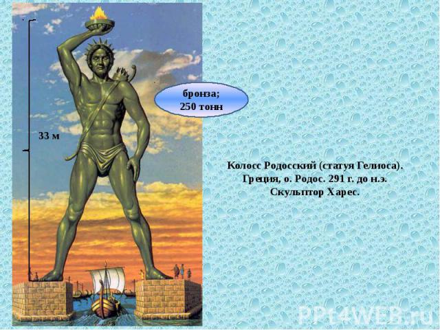 Колосс Родосский (статуя Гелиоса). Греция, о. Родос. 291 г. до н.э. Скульптор Харес.