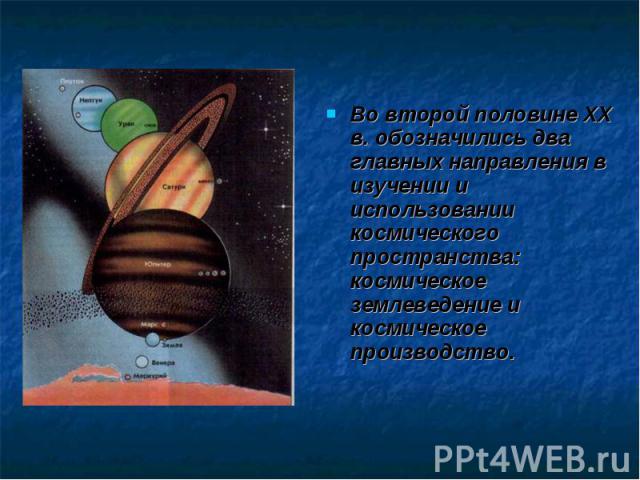 Во второй половине ХХ в. обозначились два главных направления в изучении и использовании космического пространства: космическое землеведение и космическое производство.