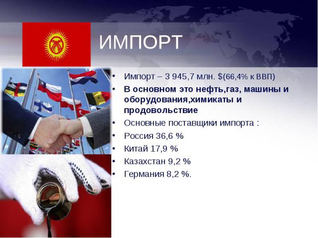 Импорт – 3 945,7 млн. $(66,4% к ВВП)В основном это нефть,газ, машины и оборудования,химикаты и продовольствиеОсновные поставщики импорта :Россия 36,6 %Китай 17,9 %Казахстан 9,2 %Германия 8,2 %.