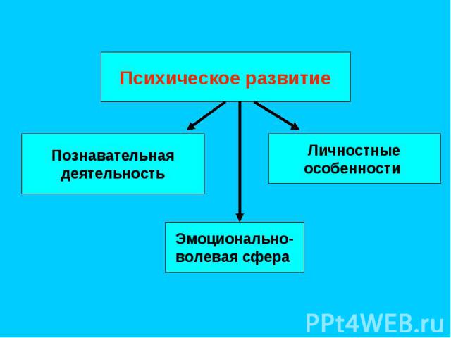 Психическое развитие Познавательная деятельность Эмоционально- волевая сфера Личностные особенности