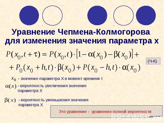 Уравнение Чепмена-Колмогорова для изменения значения параметра х Это уравнение - уравнение полной вероятности - вероятность увеличения значения параметра Х - вероятность уменьшения значения параметра Х - значение параметра X в момент времени t (Ч-К)