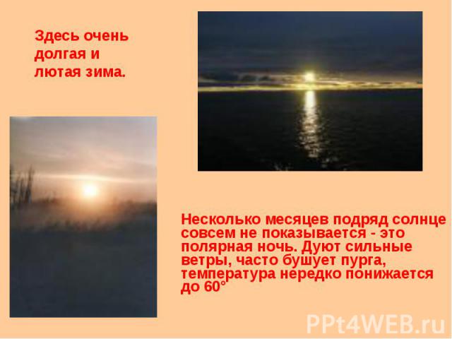 Несколько месяцев подряд солнце совсем не показывается - это полярная ночь. Дуют сильные ветры, часто бушует пурга, температура нередко понижается до 60° Здесь очень долгая и лютая зима.