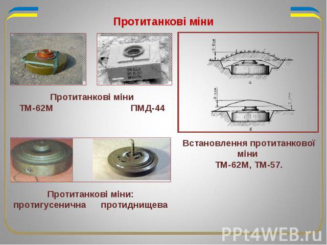 Протитанкові міни Встановлення протитанкової міни ТМ-62М, ТМ-57. Протитанкові міни ТМ-62М ПМД-44 Протитанкові міни: протигусенична протиднищева