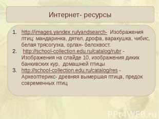 http://images.yandex.ru/yandsearch- Изображения птиц: мандаринка, дятел, дрофа,