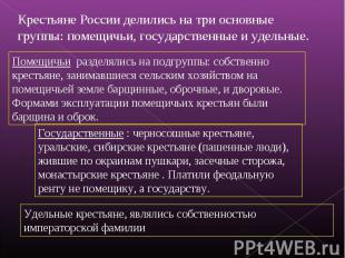 Крестьяне России делились на три основные группы: помещичьи, государственные и у