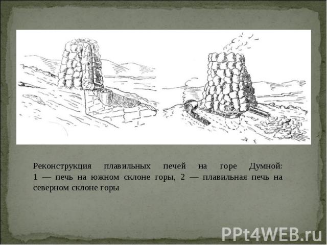 Реконструкция плавильных печей на горе Думной: 1 — печь на южном склоне горы, 2 — плавильная печь на северном склоне горы
