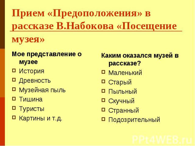 Прием «Предоположения» в рассказе В.Набокова «Посещение музея» Мое представление о музее История Древность Музейная пыль Тишина Туристы Картины и т.д. Каким оказался музей в рассказе? Маленький Старый Пыльный Скучный Странный Подозрительный