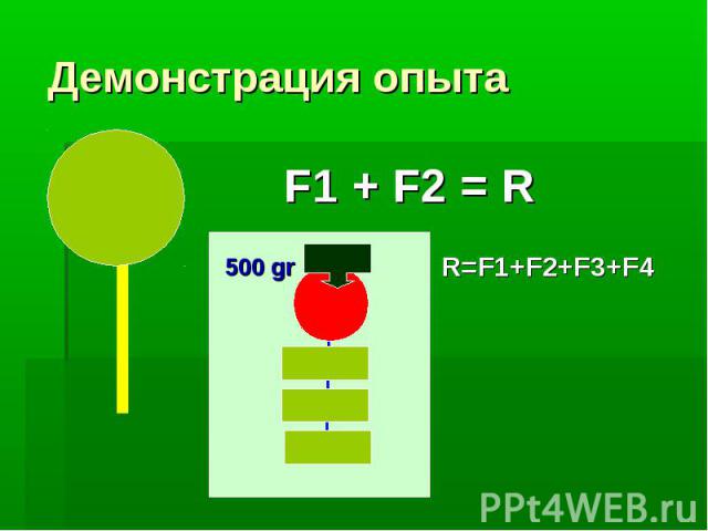 F1 + F2 = R 500 gr R=F1+F2+F3+F4 Демонстрация опыта