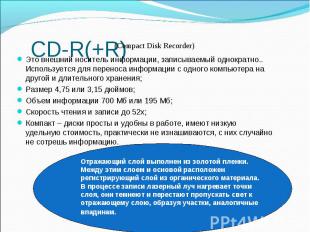 CD-R(+R) Это внешний носитель информации, записываемый однократно.. Используется