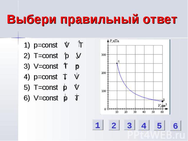 Выбери правильный ответ 1) p=const V T 2) T=const p V 3) V=const T p 4) p=const T V 5) T=const p V 6) V=const p T 1 2 3 4 5 6