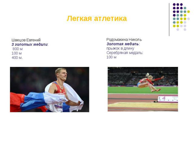 Легкая атлетикаШвецов Евгений3 золотых медали: 800 м100 м 400 м.