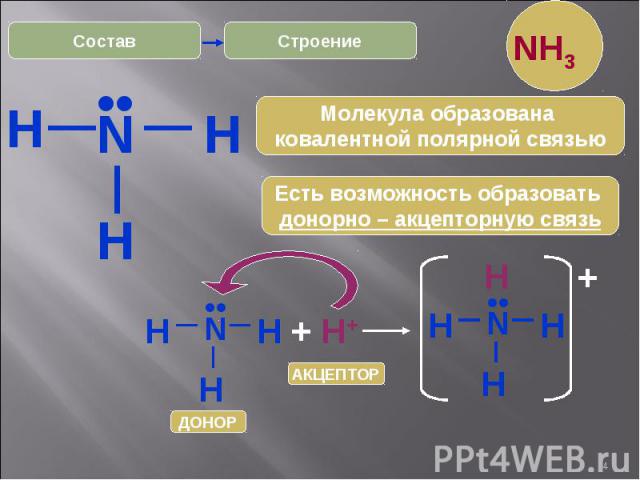 * H Строение N H H •• Есть возможность образовать донорно – акцепторную связь Молекула образована ковалентной полярной связью N H H H •• + H+ N H H H •• H + АКЦЕПТОР ДОНОР Состав NH3