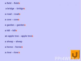 a field - fields a bridge - bridgesa road – roadsa cow – cowsa garden – gardensa