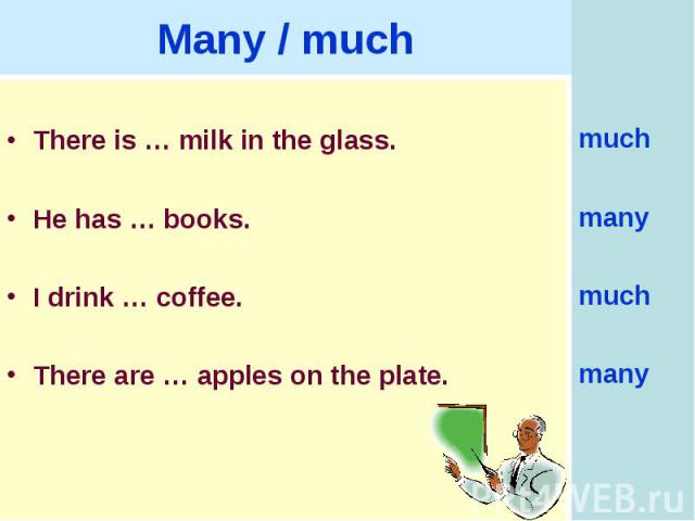 Many / muchThere is … milk in the glass. He has … books.I drink … coffee.There are … apples on the plate.