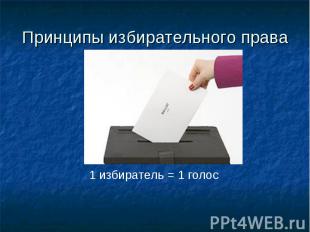 Принципы избирательного права 1 избиратель = 1 голос