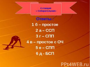 Ответы :1 б – простое2 а – ССП3 г – СПП4 в – простое с ОЧ5 е – СПП6 д - БСП