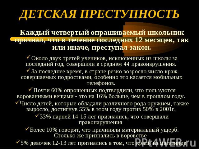 ДЕТСКАЯ ПРЕСТУПНОСТЬ Каждый четвертый опрашиваемый школьник признал, что в течение последних 12 месяцев, так или иначе, преступал закон. Около двух третей учеников, исключенных из школы за последний год, совершили в среднем 44 правонарушения. За пос…