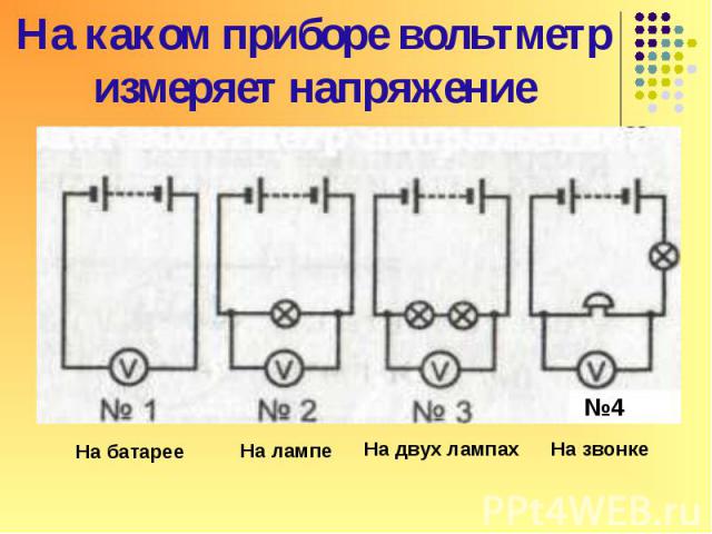 На какой схеме вольтметр правильно измеряет напряжение на лампочке?