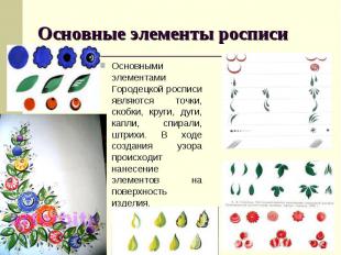 Основные элементы росписи Основными элементами Городецкой росписи являются точки