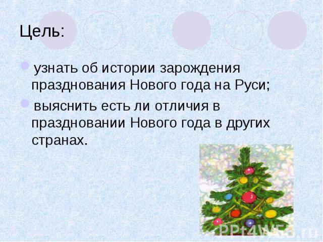 Цель: узнать об истории зарождения празднования Нового года на Руси; выяснить есть ли отличия в праздновании Нового года в других странах.