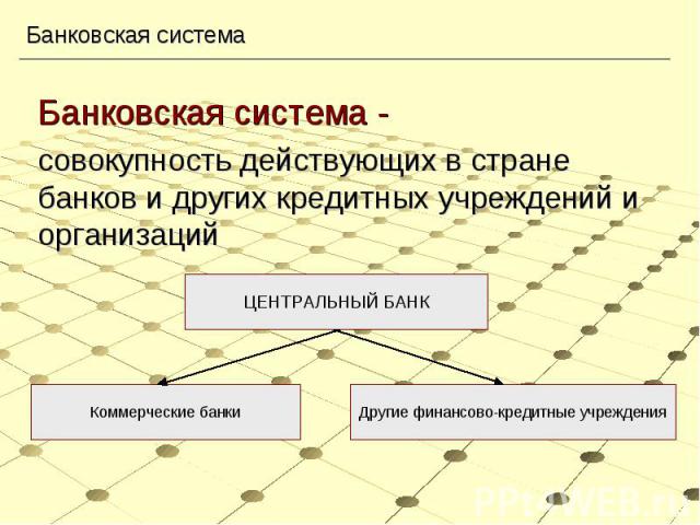 Банковская система - совокупность действующих в стране банков и других кредитных учреждений и организаций