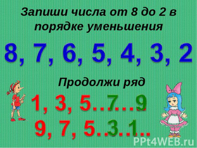 Запиши числа от 8 до 2 в порядке уменьшенияПродолжи Продолжи ряд