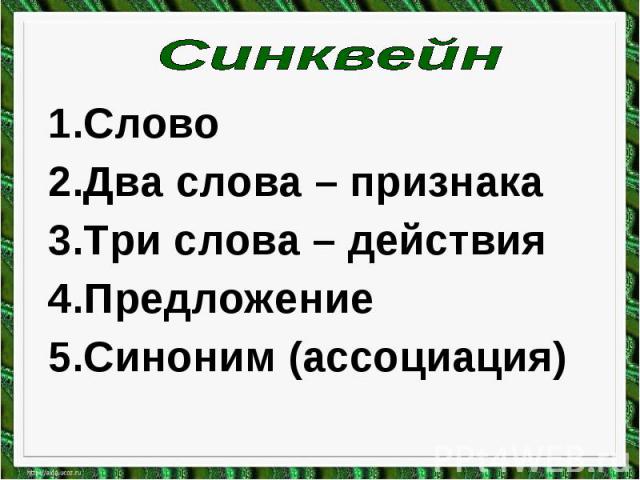 Синквейн1.Слово2.Два слова – признака3.Три слова – действия4.Предложение5.Синоним (ассоциация)