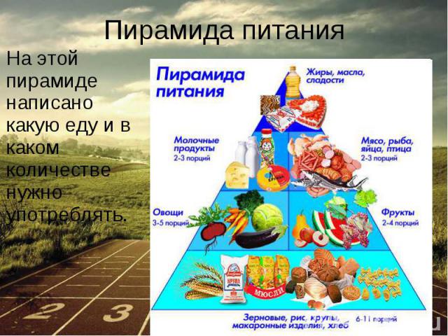 На этой пирамиде написано какую еду и в каком количестве нужно употреблять.