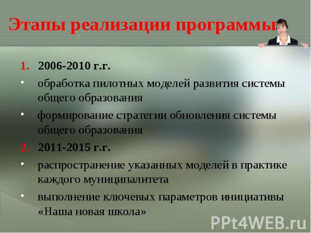 Этапы реализации программы2006-2010 г.г.обработка пилотных моделей развития системы общего образованияформирование стратегии обновления системы общего образования2. 2011-2015 г.г.распространение указанных моделей в практике каждого муниципалитетавып…