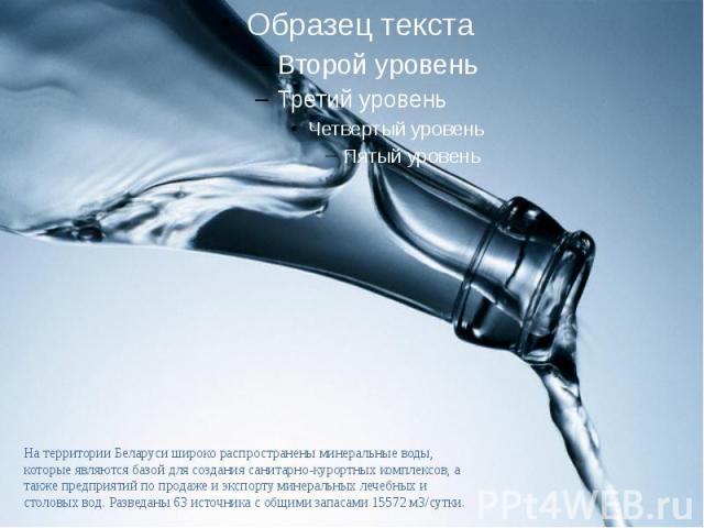 На территории Беларуси широко распространены минеральные воды, которые являются базой для создания санитарно-курортных комплексов, а также предприятий по продаже и экспорту минеральных лечебных и столовых вод. Разведаны 63 источника с общими запасам…