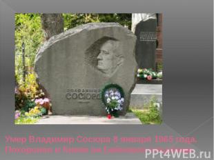 Умер Владимир Сосюра 8 января 1965 года. Похоронен в Киеве на Байковом кладбище.