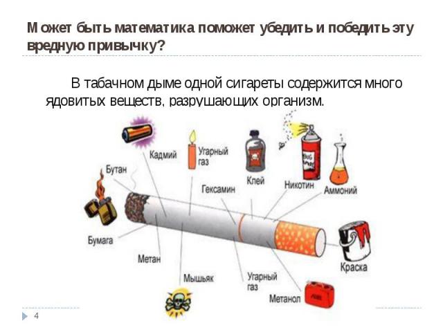 Может быть математика поможет убедить и победить эту вредную привычку?В табачном дыме одной сигареты содержится много ядовитых веществ, разрушающих организм.