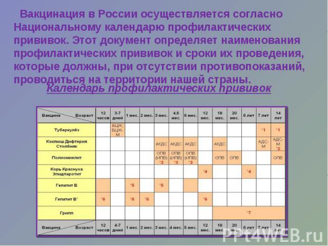 Вакцинация в России осуществляется согласно Национальному календарю профилактических прививок. Этот документ определяет наименования профилактических прививок и сроки их проведения, которые должны, при отсутствии противопоказаний, проводиться на тер…