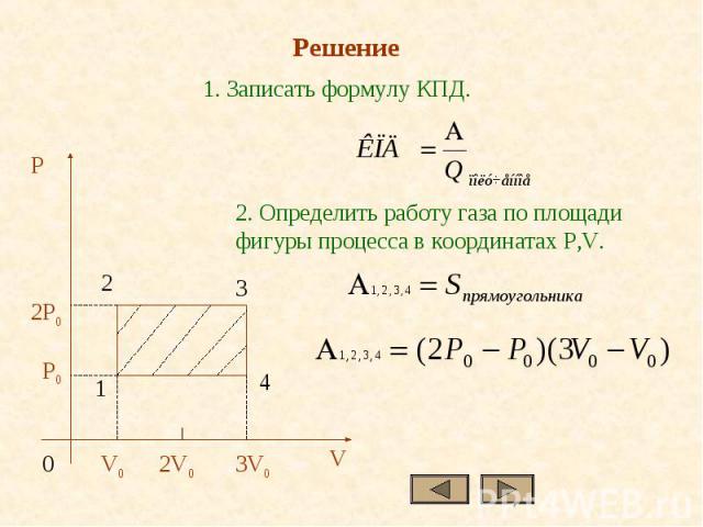 1. Записать формулу КПД.2. Определить работу газа по площади фигуры процесса в координатах P,V.