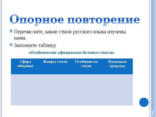 Опорное повторениеПеречислите, какие стили русского языка изучены нами.Заполните таблицу «Особенности официально-делового стиля»