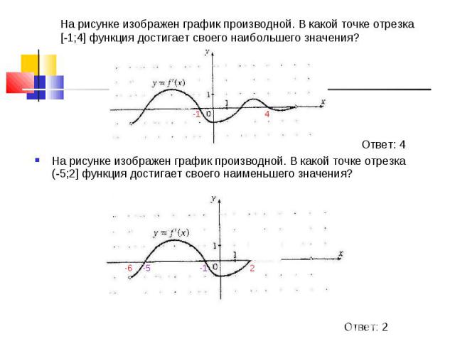 На рисунке изображен график производной. В какой точке отрезка [-1;4] функция достигает своего наибольшего значения?На рисунке изображен график производной. В какой точке отрезка (-5;2] функция достигает своего наименьшего значения?