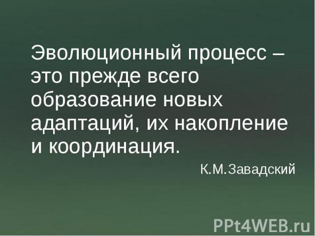 Эволюционный процесс –это прежде всего образование новых адаптаций, их накопление и координация.К.М.Завадский