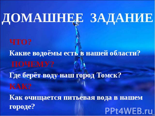 ДОМАШНЕЕ ЗАДАНИЕ ЧТО?Какие водоёмы есть в нашей области?   ПОЧЕМУ?Где берёт воду наш город Томск?  КАК?Как очищается питьевая вода в нашем городе?
