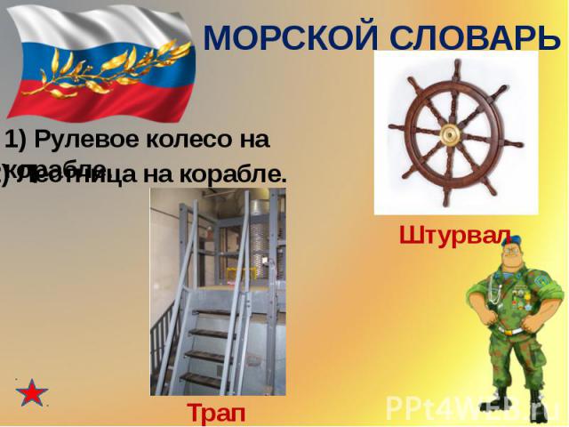 МОРСКОЙ СЛОВАРЬ1) Рулевое колесо на корабле. 2) Лестница на корабле.