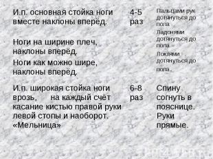 И.п. основная стойка ноги вместе наклоны вперёд. Ноги на ширине плеч, наклоны вп