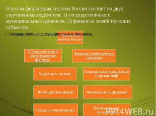В целом финансовая система России состоит из двух укрупненных подсистем: 1) госу