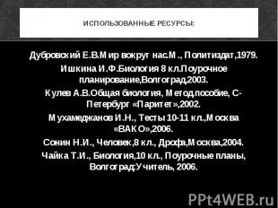 Дубровский Е.В.Мир вокруг нас.М., Политиздат,1979. Ишкина И.Ф.Биология 8 кл.Поур