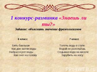 1 конкурс-разминка «Знаешь ли ты?»Задание: объяснить значение фразеологизмов 6 к