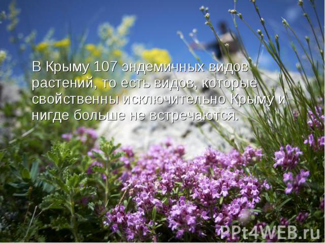 В Крыму 107 эндемичных видов растений, то есть видов, которые свойственны исключительно Крыму и нигде больше не встречаются. В Крыму 107 эндемичных видов растений, то есть видов, которые свойственны исключительно Крыму и нигде больше не встречаются.