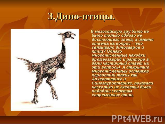 3.Дино-птицы.      В мезозойскую эру было не было только одного не достоющего звена, а именно ответа на вопрос - что связывало динозавров и птиц? Однако многочисленные находки дромеозаврид и рапторо в дали частичный ответ на эти вопросы. А открытие …