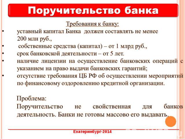 Требования к банку: уставный капитал Банка должен составлять не менее 200 млн руб., собственные средства (капитал) – от 1 млрд руб., срок банковской деятельности – от 5 лет. наличие лицензии на осуществление банковских операций с указанием на право …