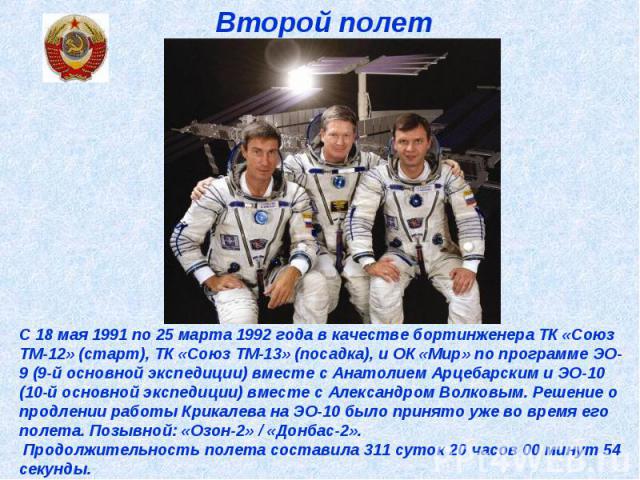Второй полет С 18 мая 1991 по 25 марта 1992 года в качестве бортинженера ТК «Союз ТМ-12» (старт), ТК «Союз ТМ-13» (посадка), и ОК «Мир» по программе ЭО-9 (9-й основной экспедиции) вместе с Анатолием Арцебарским и ЭО-10 (10-й основной экспедиции) вме…