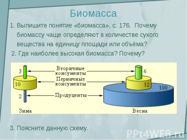 Биомасса 1. Выпишите понятие «биомасса», с. 176. Почему биомассу чаще определяют в количестве сухого вещества на единицу площади или объёма?  2. Где наиболее высокая биомасса? Почему? 3. Поясните данную схему.