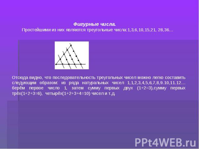 Фигурные числа. Простейшими из них являются треугольные числа:1,3,6,10,15,21, 28,36… Отсюда видно, что последовательность треугольных чисел можно легко составить следующим образом: из ряда натуральных чисел 1,1,2,3,4,5,6,7,8,9.10,11.12… берём первое…