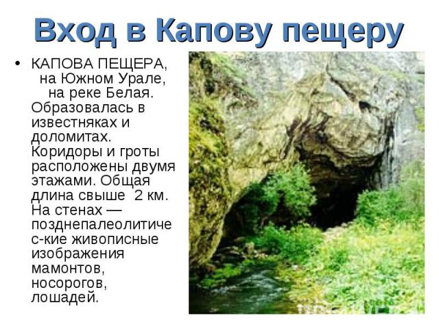 Вход в Капову пещеру КАПОВА ПЕЩЕРА, на Южном Урале, на реке Белая. Образовалась в известняках и доломитах. Коридоры и гроты расположены двумя этажами. Общая длина свыше 2 км. На стенах — позднепалеолитичес-кие живописные изображения мамонтов, носоро…